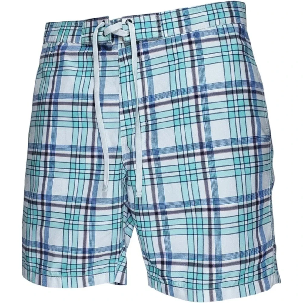 Merona Men's Plaid Swim Trunks Teal Blue White Board‎ Shorts Size Large